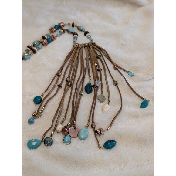 Boho Turquoise Rhinestone Fringe Statement Necklace Western Bib Tassel - Picture 7 of 7